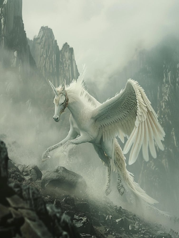 Close Up Shot, A Realistic Movie Still Of A Horse Like White Mythical Creature With The Body Of A Horse, The Wings Of A Bird, The Face Like A Chinese Traditional Mask, And A Snake S Tail,Beautiful Feathers In The Style Of An Ancient,