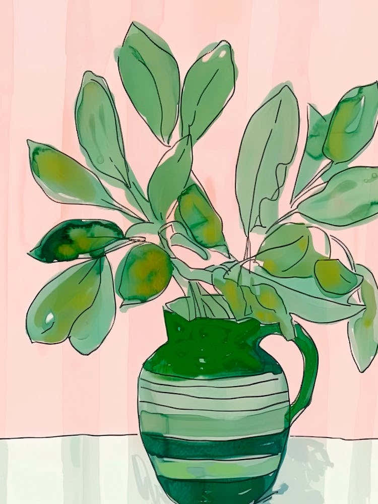 Green Plant In A Vase. Watercolor illustration