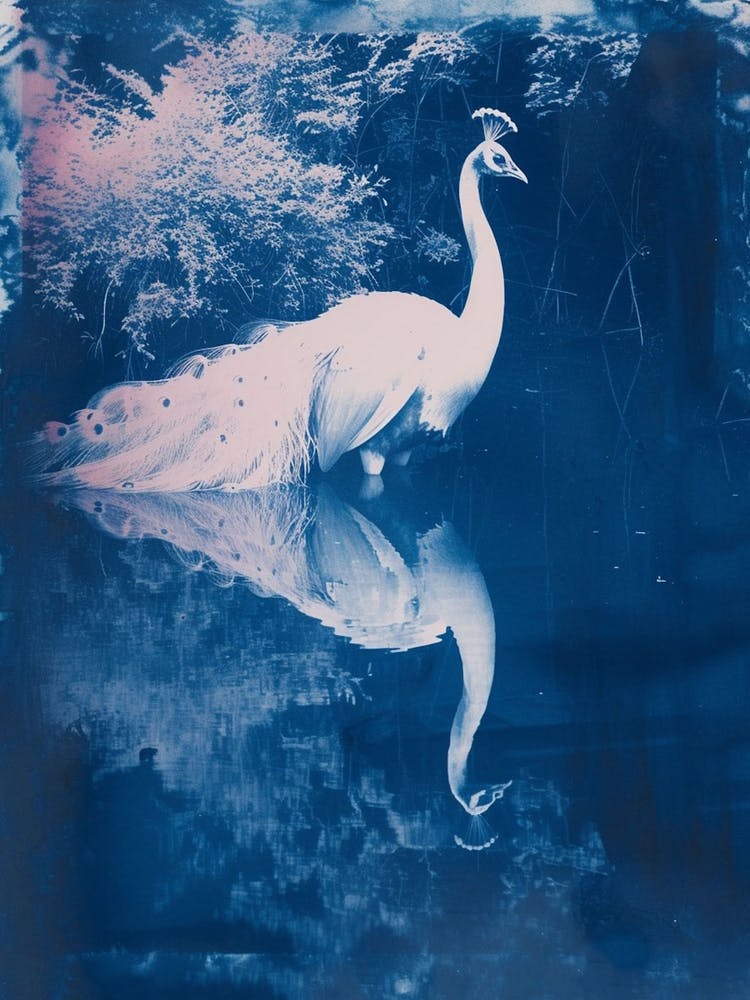 White Peacock In The Water Looking At Reflection