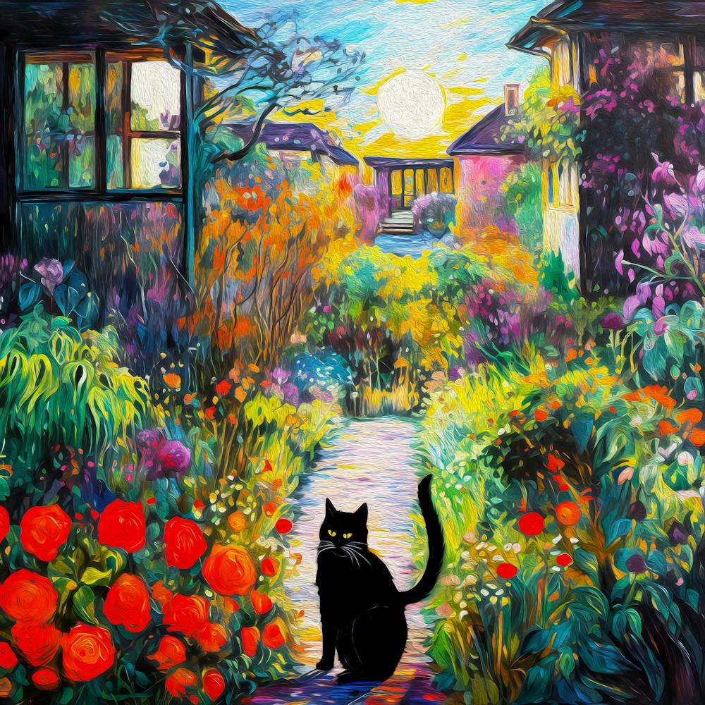 Black Cat In Monet Garden 1