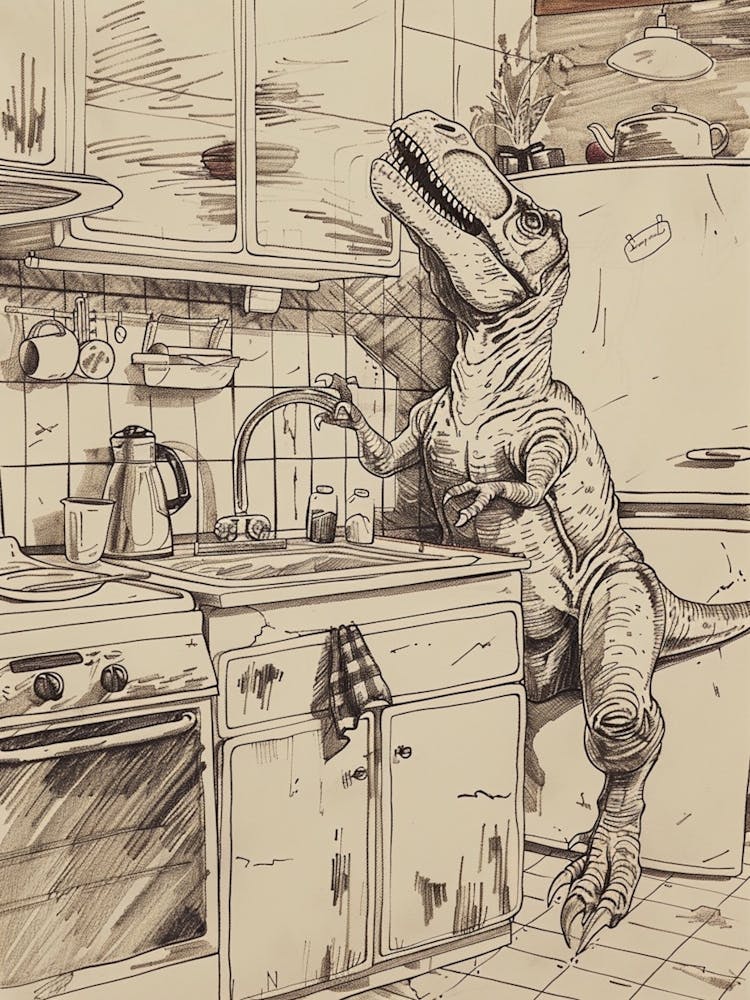 Dinosaurier in der Küche Sepia Skizze