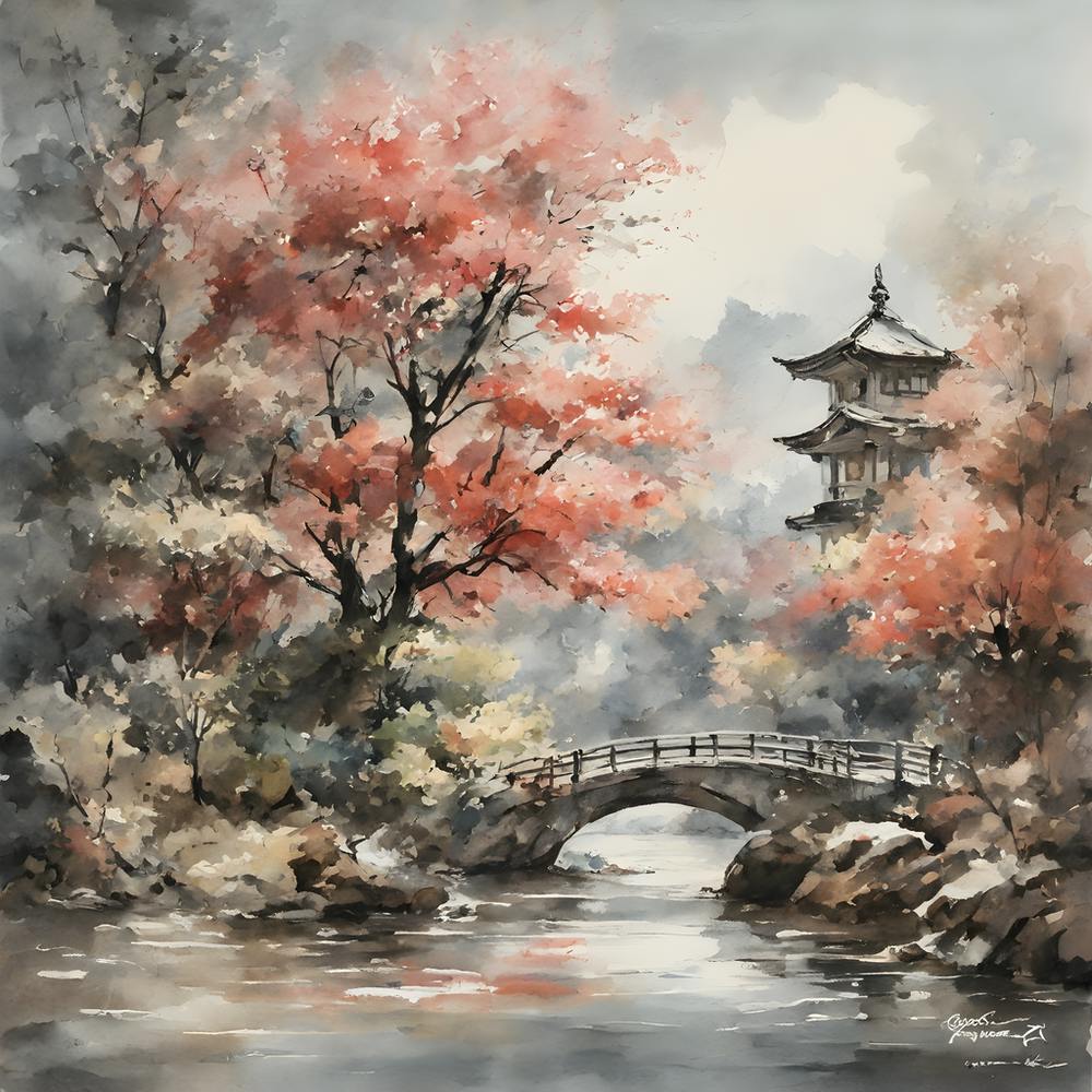 Aquarell japanische Landschaft, sanftes Licht, von Antoine Blanchard und Greg Rutkowski