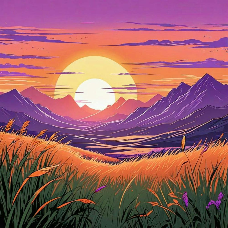 Summer Landscape Sunset In The Desert Cartoon Style Sunset Landscape With Grass Field And Trees (2)