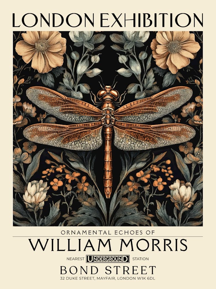 William Morris Dragonfly and floral artwork in Warm earth tones, insect and flower pattern dark academia library Botanical vintage print, living room vintage decor Floral tapestry Victorian nature art 26