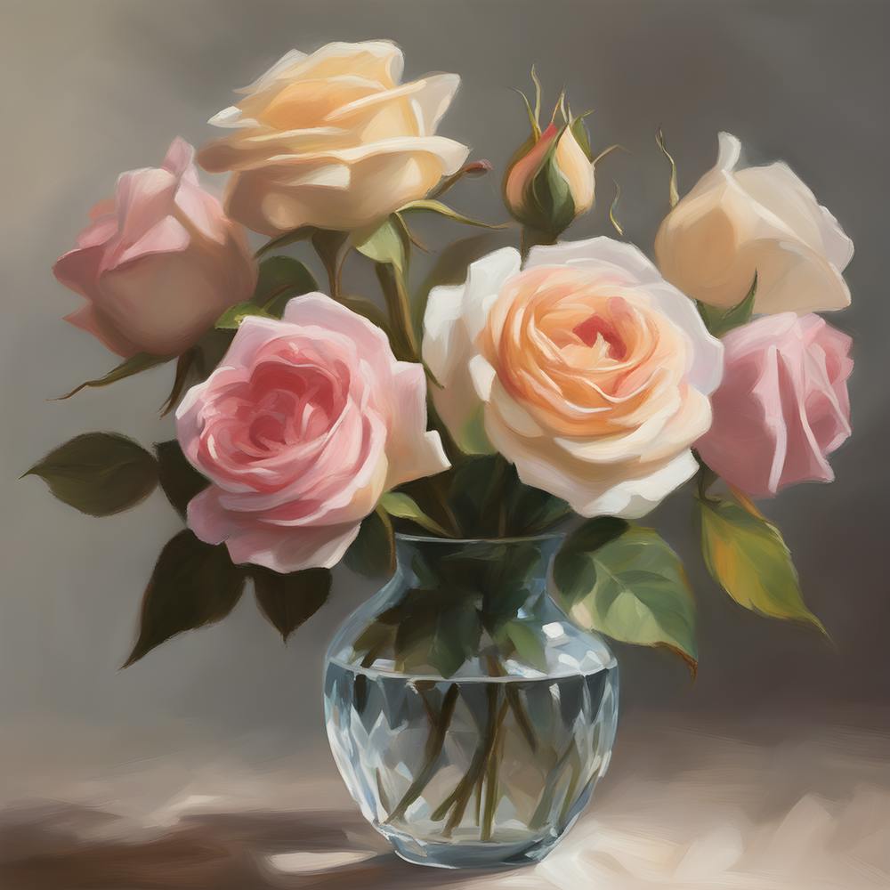An Oil Painting Featuring A Bouquet Of Vintage Roses In A Crystal Vase Capturing