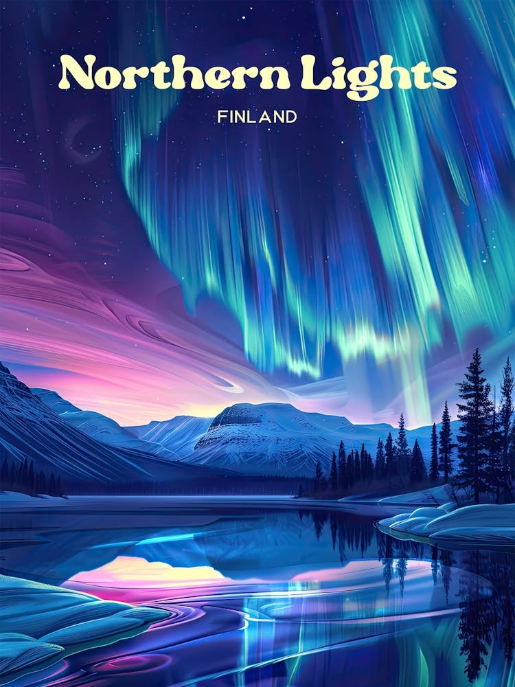 Northern Lights Finland Dancing Lights Digital Travel Illustration
