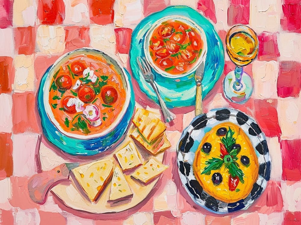 Mediterranean Food Selection Pink Checkerboard 1