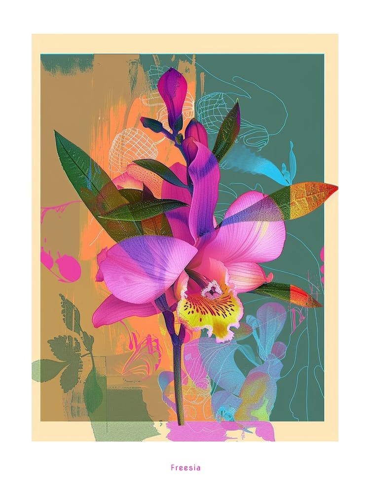 Freesia 2 Neon Flower Collage Poster