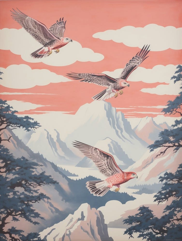 Vintage Japanese Inspired Bird Print Red Tailed Hawk 1