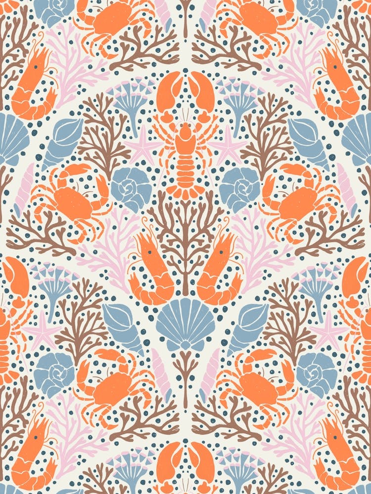 Nautical Damask Coral and Crustaceans Vibrant Ocean on White