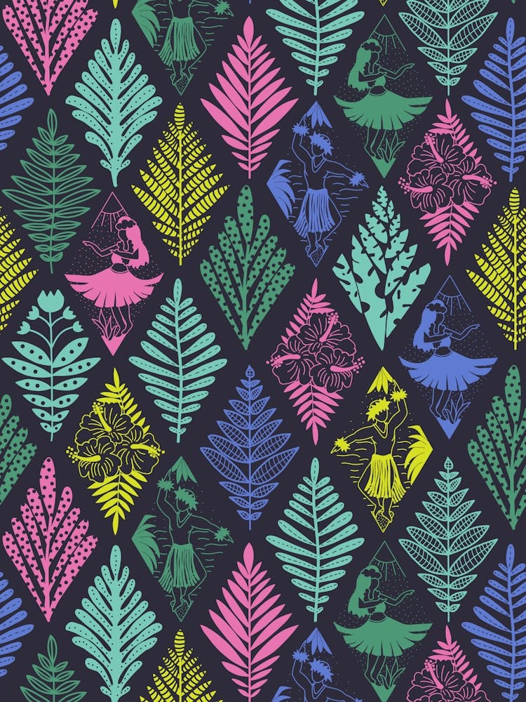 Hawaiian Hula Dancers and Botanical Rhombus Multicolor on Black