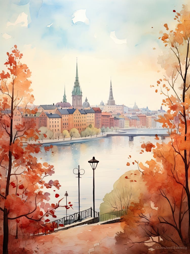 Stockholm Sweden In Autumn Fall, Watercolour 1