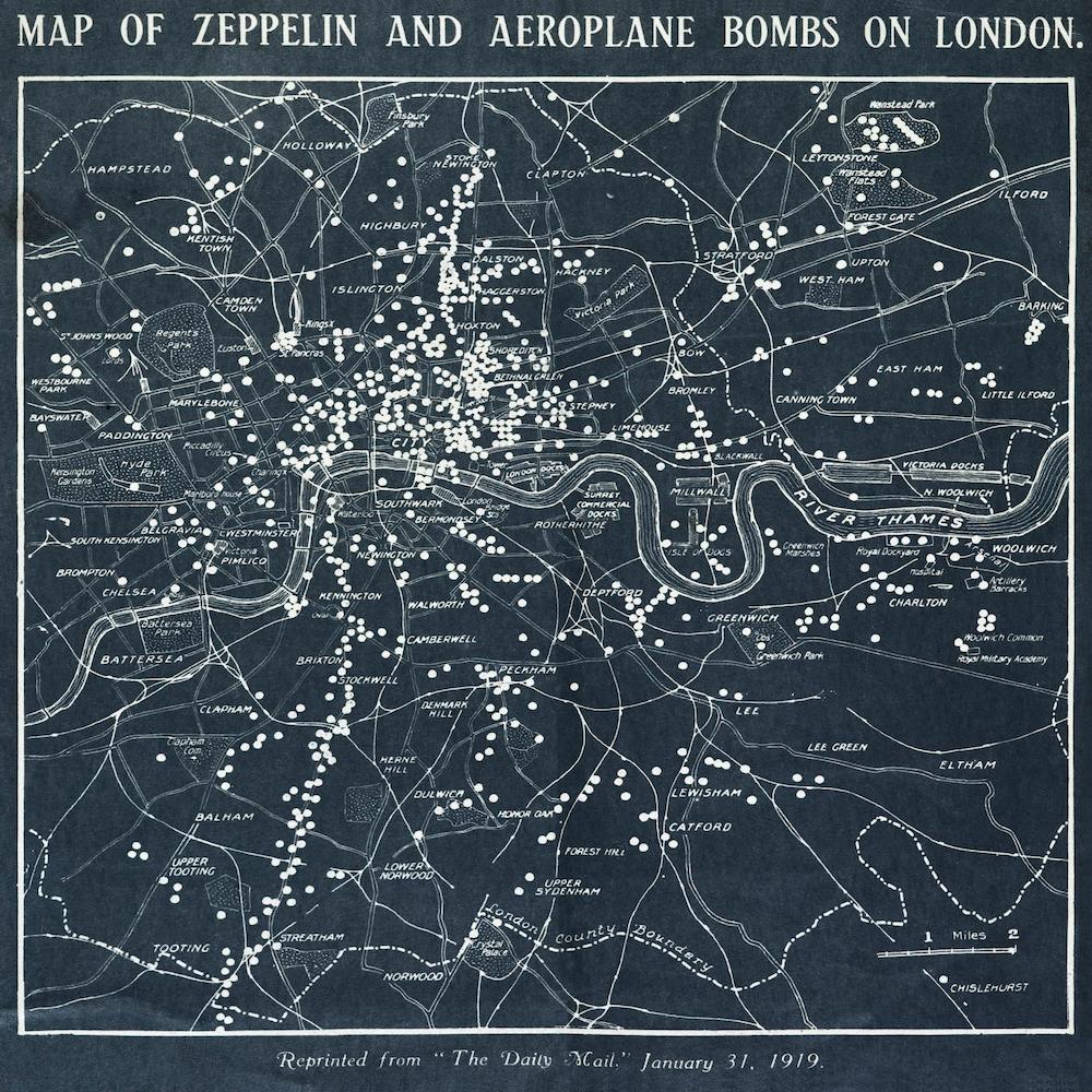 Map Of Zeppelin And Aeroplane Bombs On London