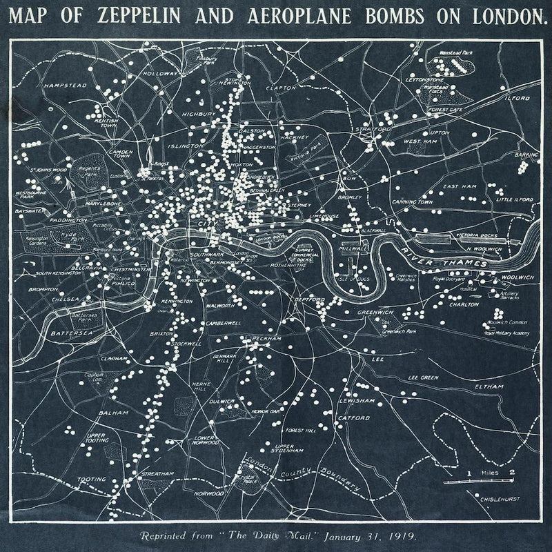 Map Of Zeppelin And Aeroplane Bombs On London