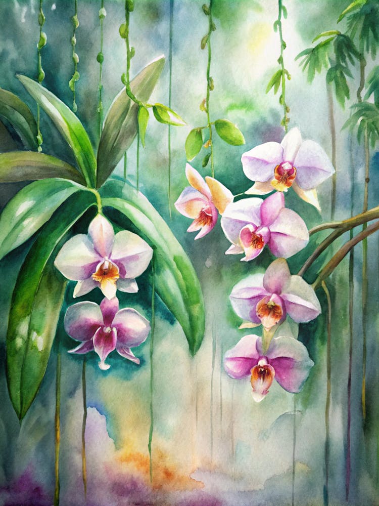 2 Orchids Hanging Gracefully In The Rainforest
