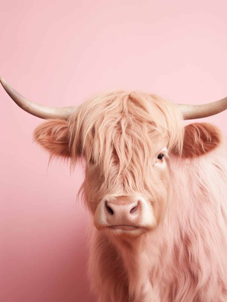 Cute Photographic Portrait Of Pastel Pink Highland Cow 3