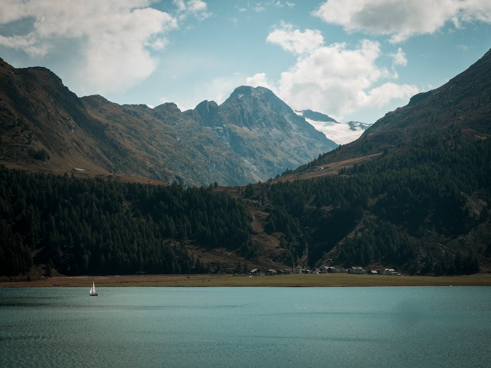 Mountain Lake And Sail Boat In Switzerland