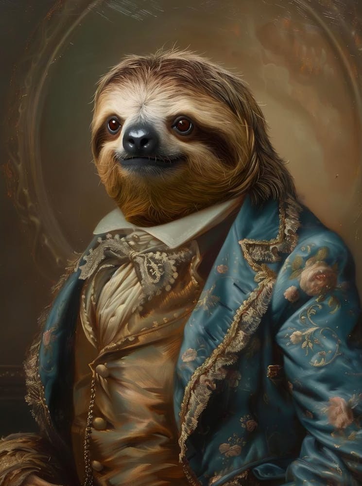 Victorian Animal Portrait, Vintage Animal Painting, Cute Royal Sloth, Dressed Animal Print, Renaissance Animal Printable, Animal Lover Gift