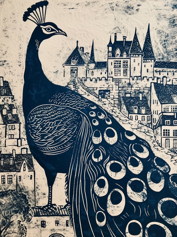 Peacock Blue Linocut Inspired With A Castle In The Background 2
