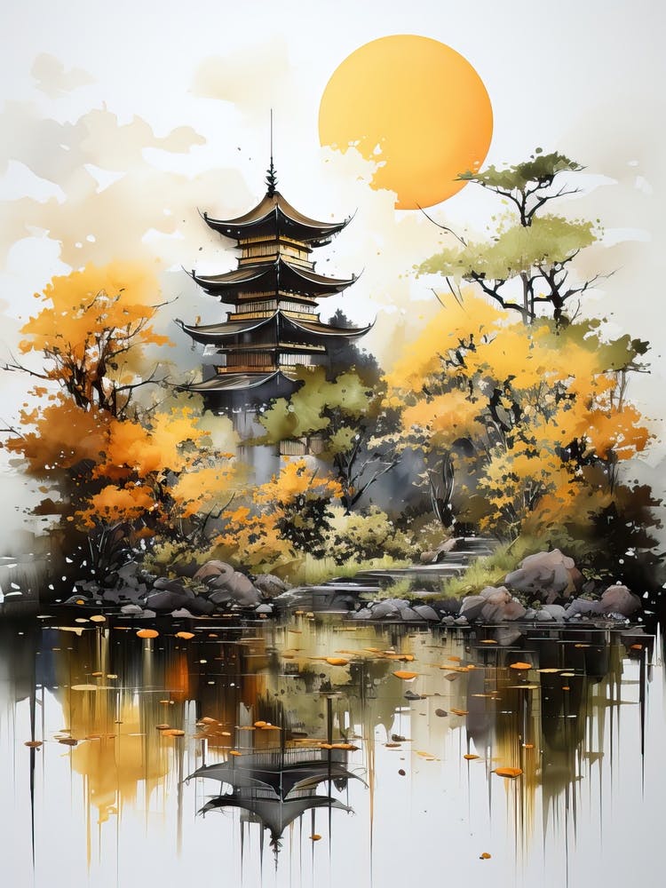 Kinkaku Ji (Golden Pavilion) In Kyoto, Japanese Brush Painting, Ukiyo E, Minimal 2