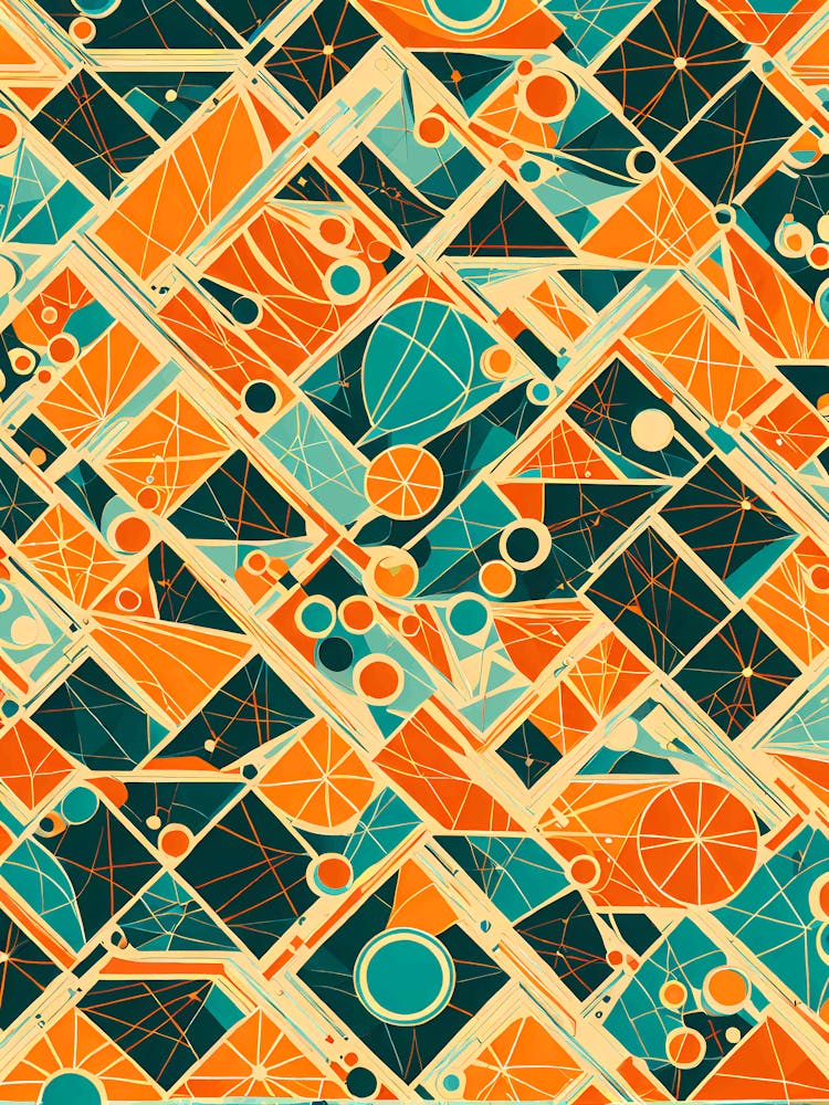 A Vibrant Retro Futuristic Seamless Pattern featuring geometric shapes with shades of blue and orange, 275
