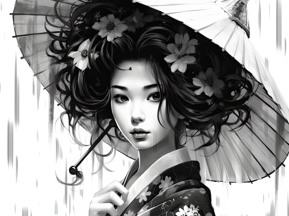Anime Style Geisha Black And White 4