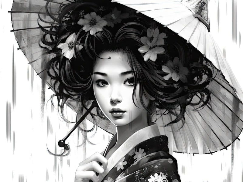 Anime Style Geisha Black And White 4