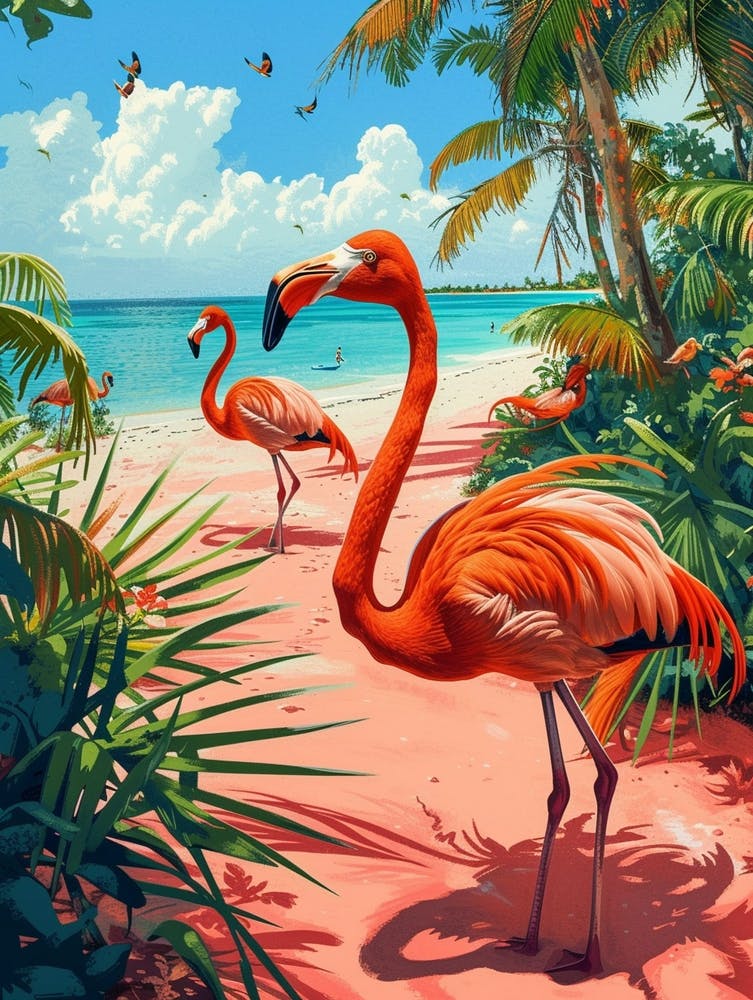 Greater Flamingo Pink Sand Beach Bahamas Tropical Illustration 5