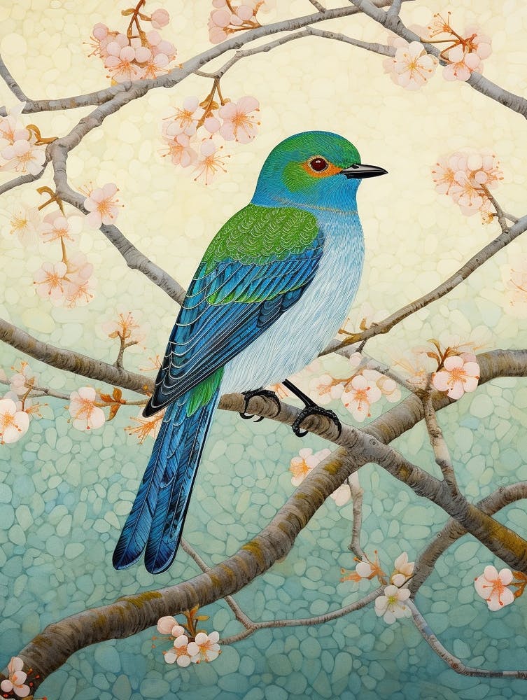 Oiseau Bleu - Peinture d'Oiseau Inspirée d'Ohara Koson 3