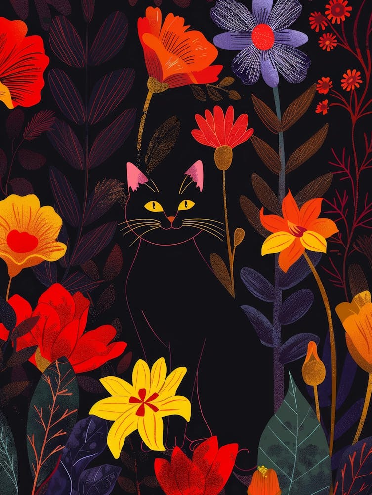 Black Cat In Flowers 7