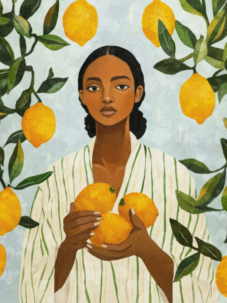 Woman with lemons surrounded by citrus branches in warm golden tones – Mediterranean art in the style of modern folk – minimalist botanical portrait perfect for kitchens, living rooms, dining room and feminine bedroom