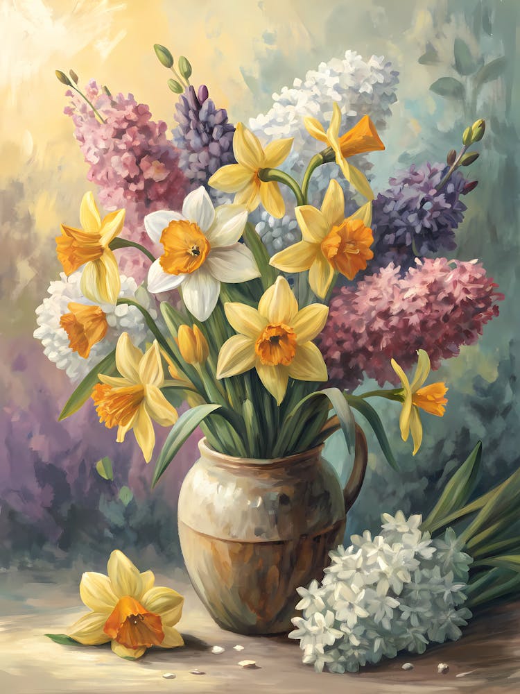 Oil Painting Style Vibrant Spring Daffodil Bouquet Floral Still Life in Vase