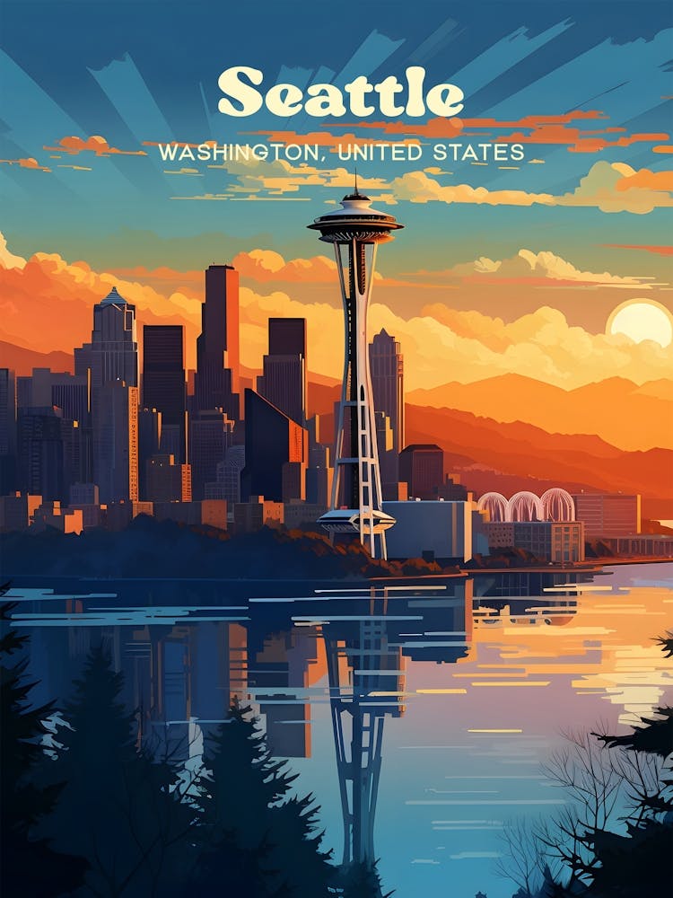 Seattle Washington USA Sunset Modern Travel Illustration