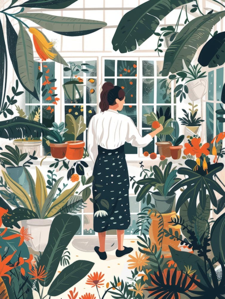 Illustration Of A Woman In A Greenhouse
