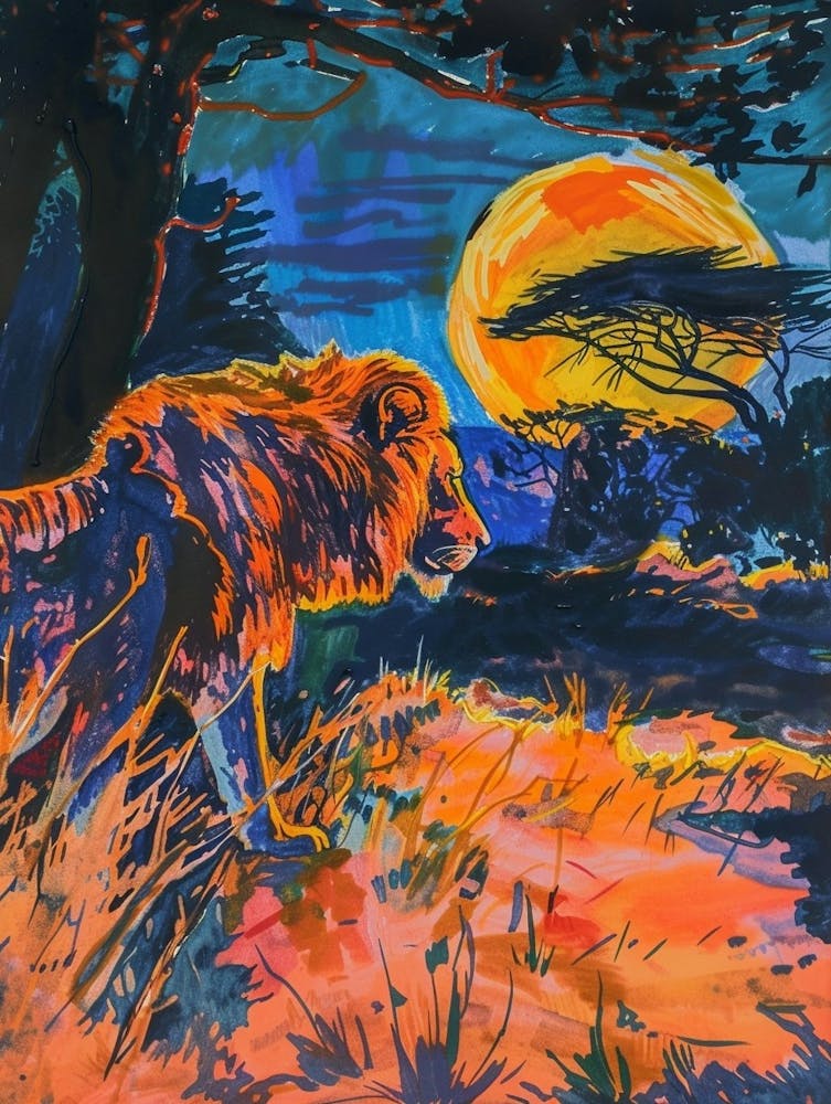 Masai Lion Night Hunt Fauvist Painting 3