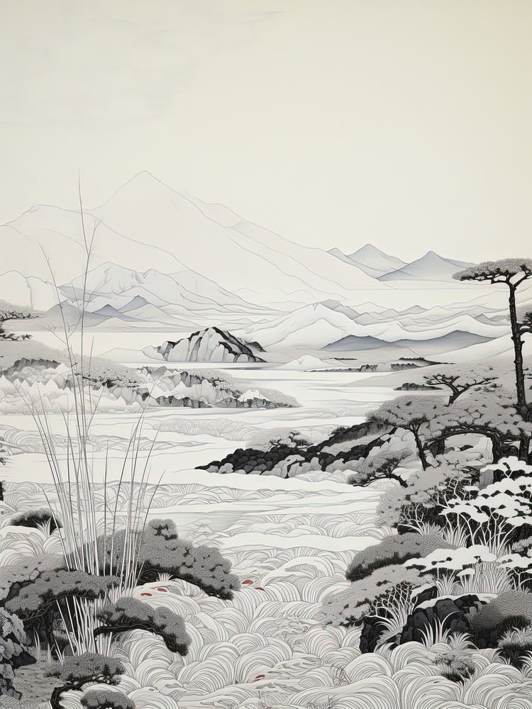 San In Coast In Tottori,, Ukiyo E Black And White Line Art Drawing 3