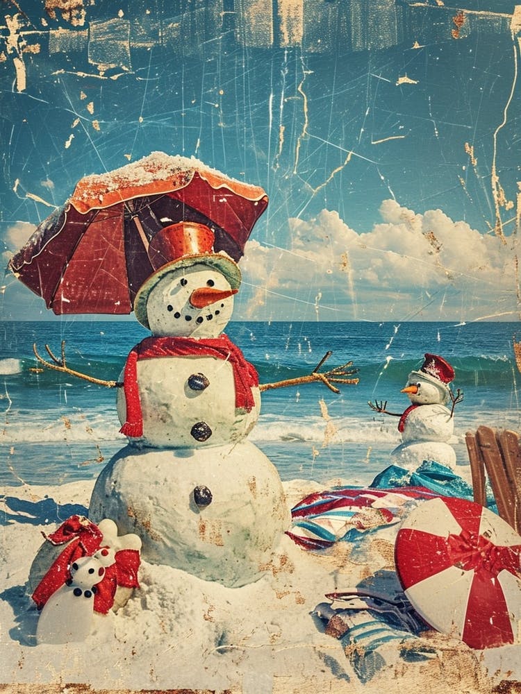 Retro Kitsch Snowmen On The Beach 2