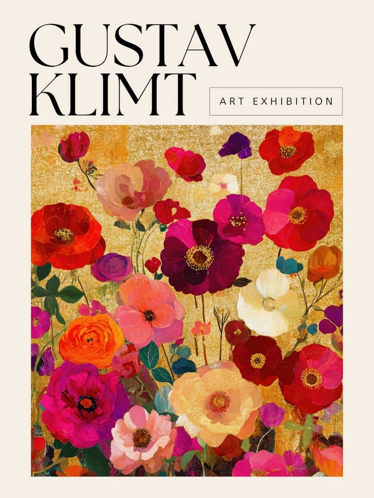 Gustav Klimt Inspired Floral Art Exhibition Poster, Red Pink Gold Leaf Mixed Media Flowers, Abstract Botanical Wall Art for Modern Living Room, Bedroom, Office Decor, Bohemian Luxe Colorful Flowers