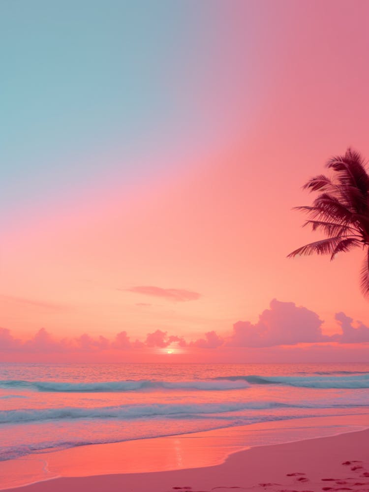 A Pink And Orange Sunset On A Beach Photography 1