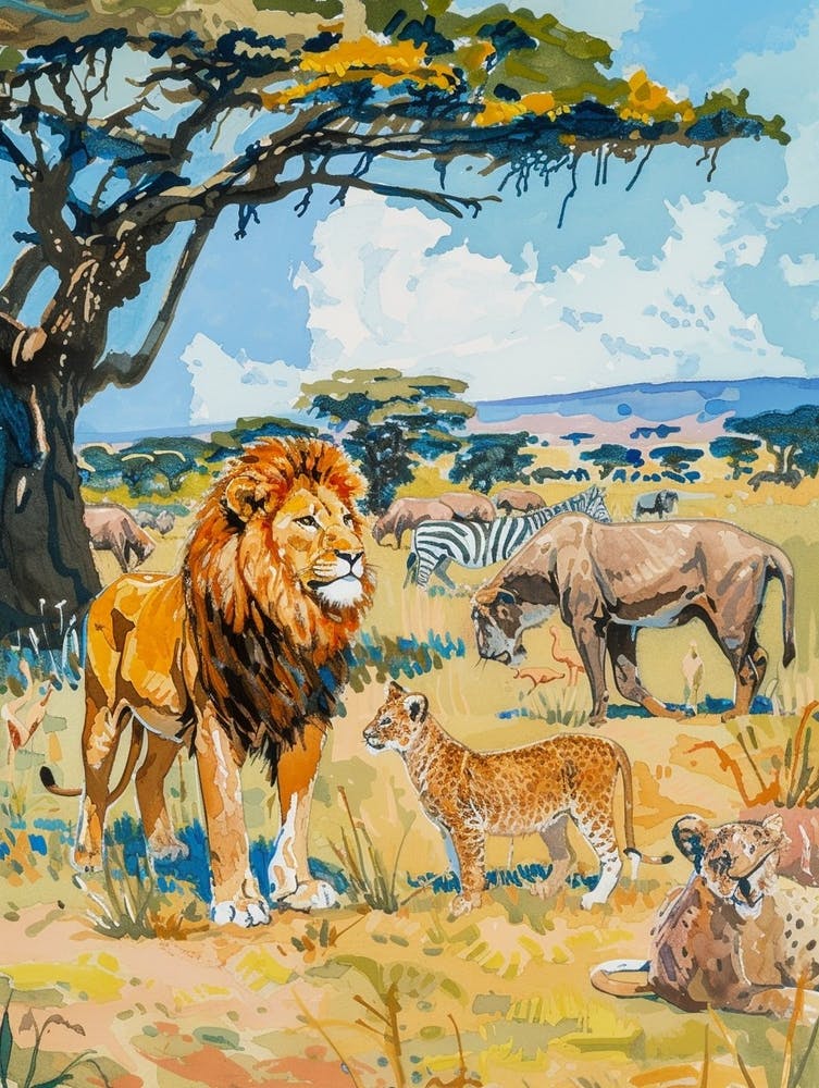 Southwest African Lion Interaction With Others Fauvist Painting 1