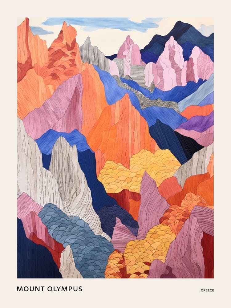 Mount Olympus Greece 1 Colourful Mountain Illustration Poster