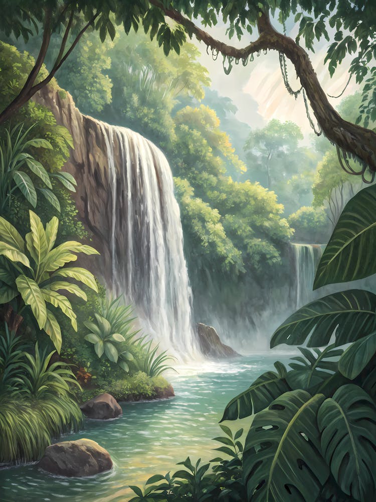 Oil Painting Style Tropical Rainforest Waterfall Lush Jungle Landscape