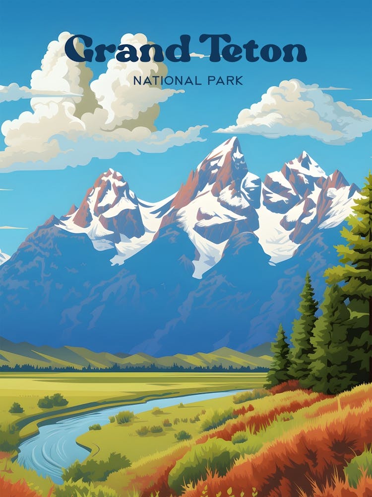 Grand Teton National Park Wyoming Hiking Travel Illustration