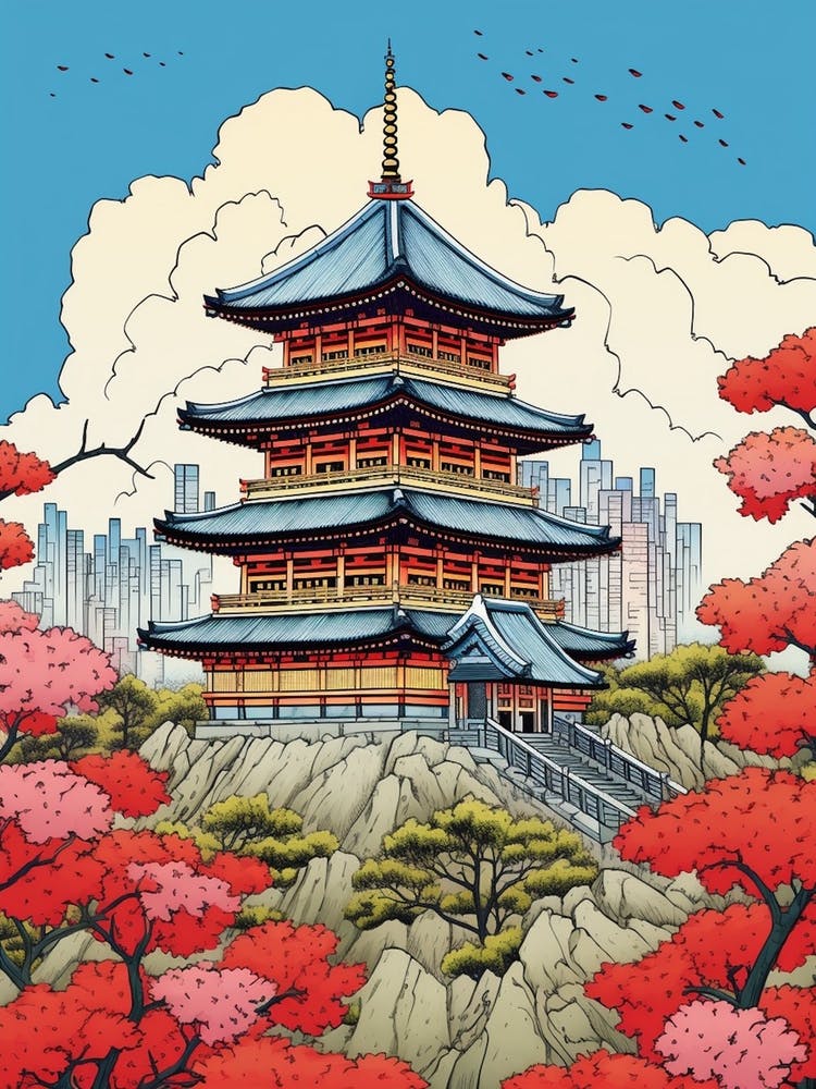 Osaka Castle, Japan Vintage Travel Art 4