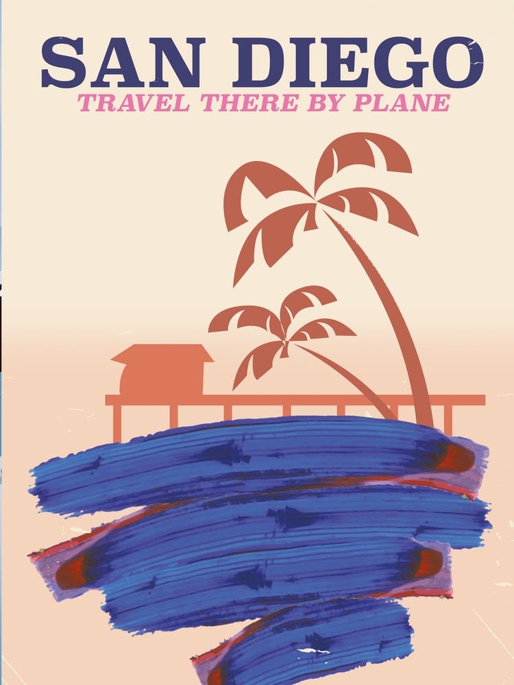 San Diego "Travel there by plane" Vintage style travel poster