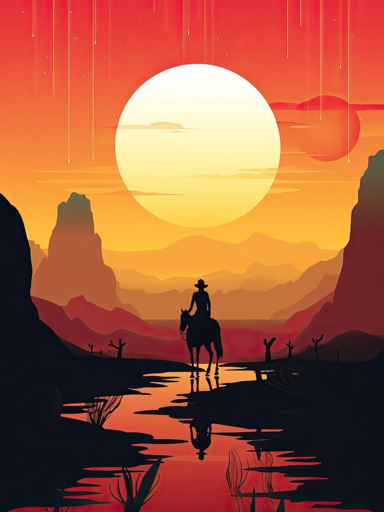 Cowgirl Riding A Horse In The Desert Orange Tones Illustration 3