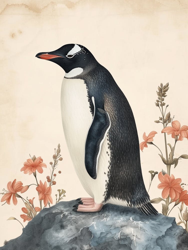 Adlie Penguin Carcass Island Vintage Botanical Painting 3