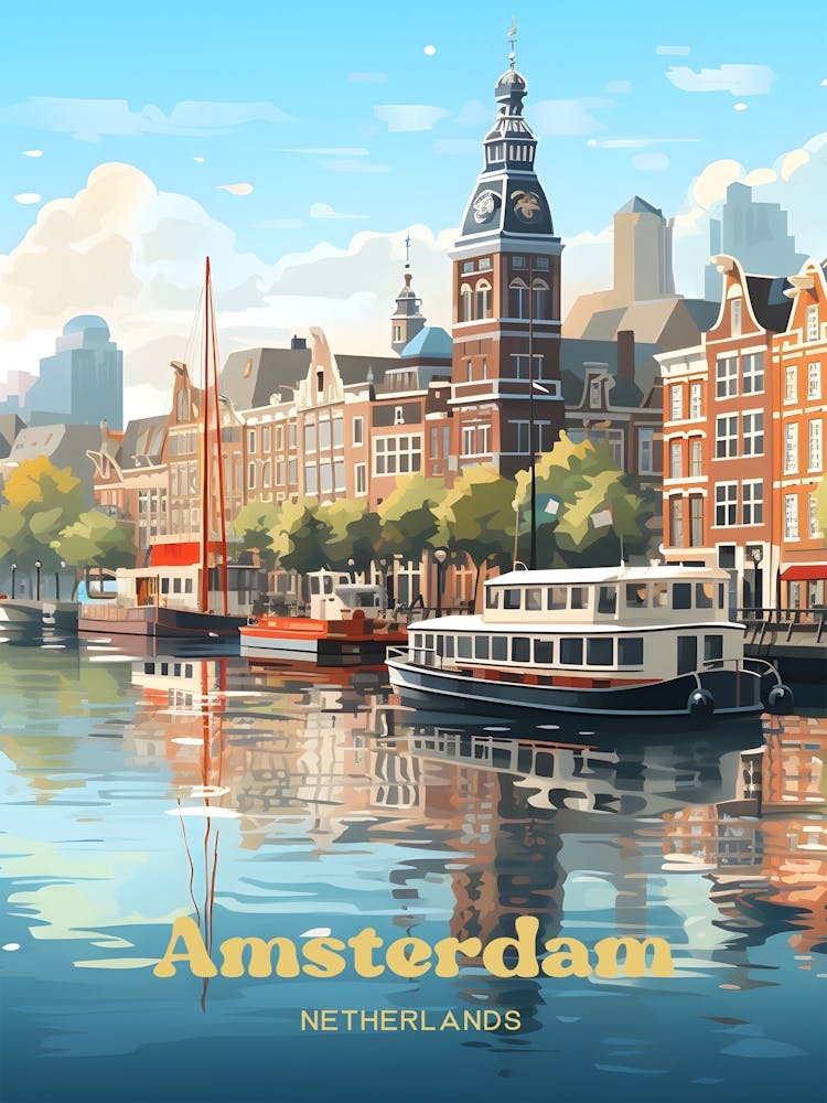 Amsterdam Netherlands Canal Ride Travel Illustration