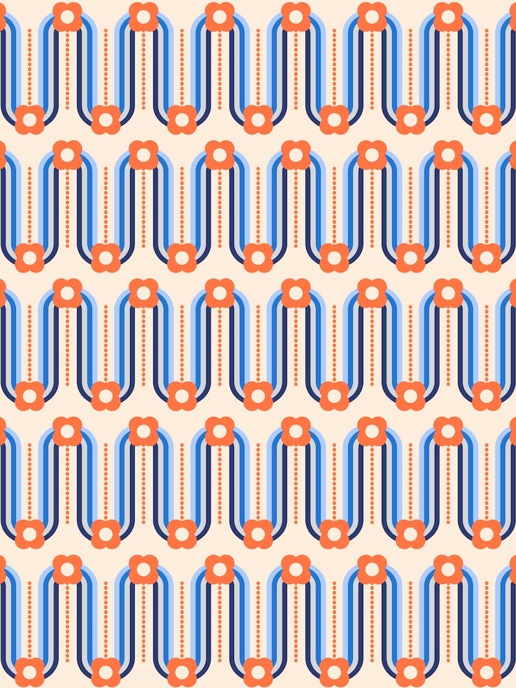 Retro Wavy Rainbows And Flowers Apricot Crush, Blue