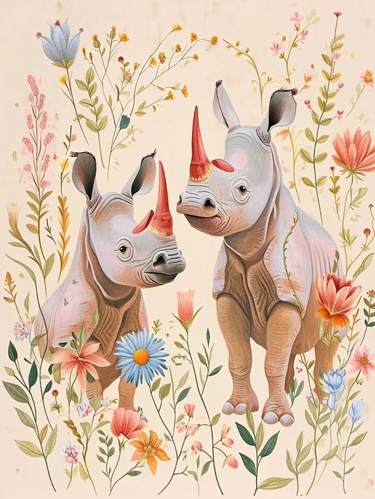 Folksy Floral Animal Drawing Rhino